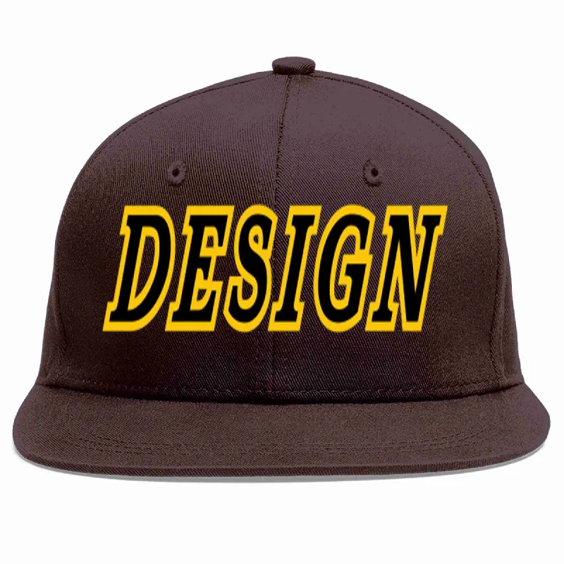 Jazz Baseball Cap-Custom Brown Black-Gold Flat Eaves Sport Baseball Cap Design for Men/Women/Youth