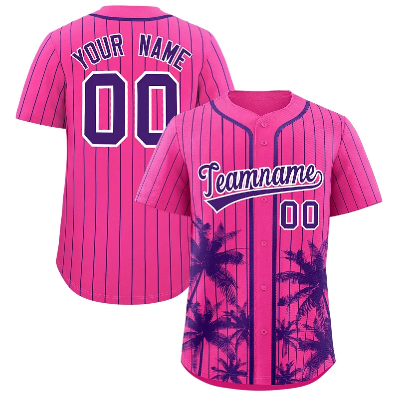 Away Football Jersey-Away Basketball Jersey-Official Baseball Jersey-Custom Pink Purple Pinstripe Coconut Tree Pattern Authentic Baseball Jersey