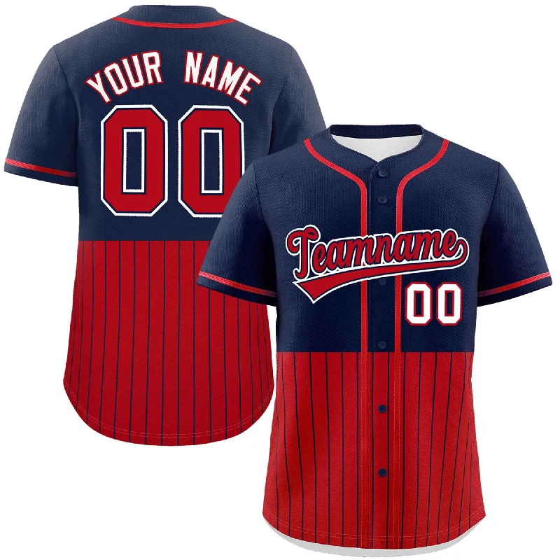 Football Jersey With Traditional Look-Basketball Jersey With Sporty Look-Baseball Jersey With Festival Theme-Custom Navy Red Personalized Half Stripe Design Authentic Baseball Jersey