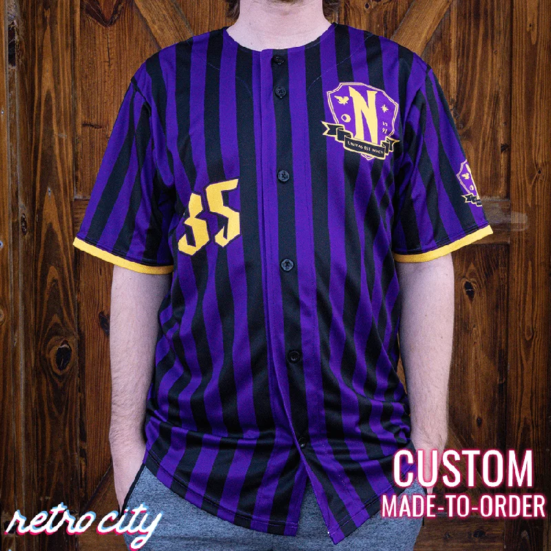 Football Jersey With Custom Name-Basketball Jersey With Custom Name-Baseball Jersey With Pockets-Nevermore Academy Full-Button Striped Baseball Jersey