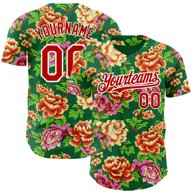 Football Jersey With Official Team Uniform-Basketball Jersey With Fun Custom Design-Baseball Jersey With Golden Accents-Custom Kelly Green Red-White 3D Pattern Design Northeast China Big Flower Authentic Baseball Jersey