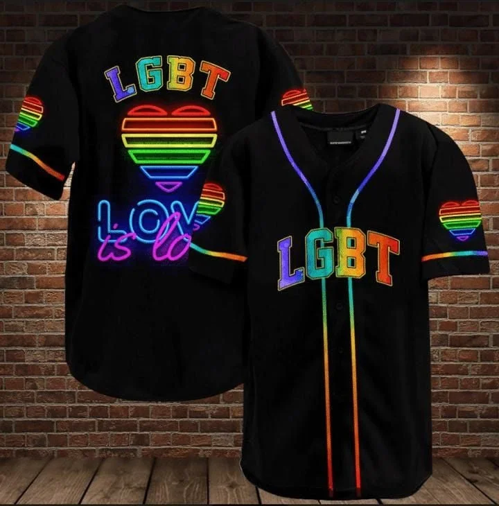 Football Jersey With Metallic Accents-Basketball Jersey With Metallic Accents-Baseball Jersey With Mesh Panels-LGBT Pride love is love rainbow black Baseball Tee Jersey Shirt Printed 3D