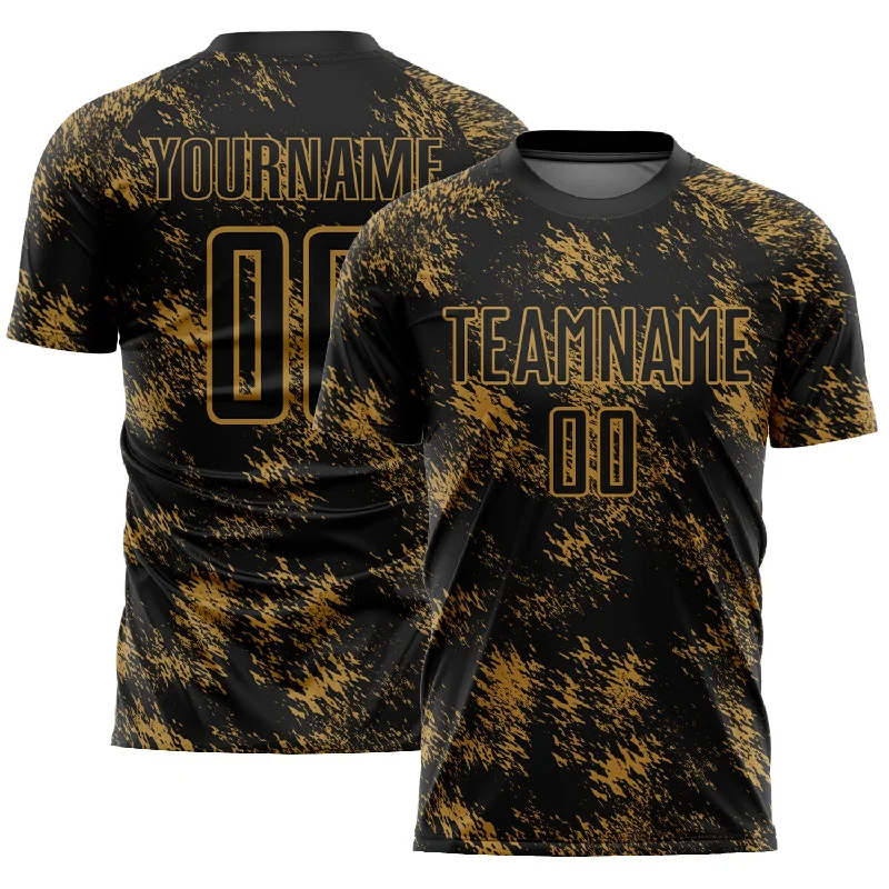 Football Jersey With Side Panels-Custom Black Old Gold Abstract Grunge Art Sublimation Soccer Uniform Jersey