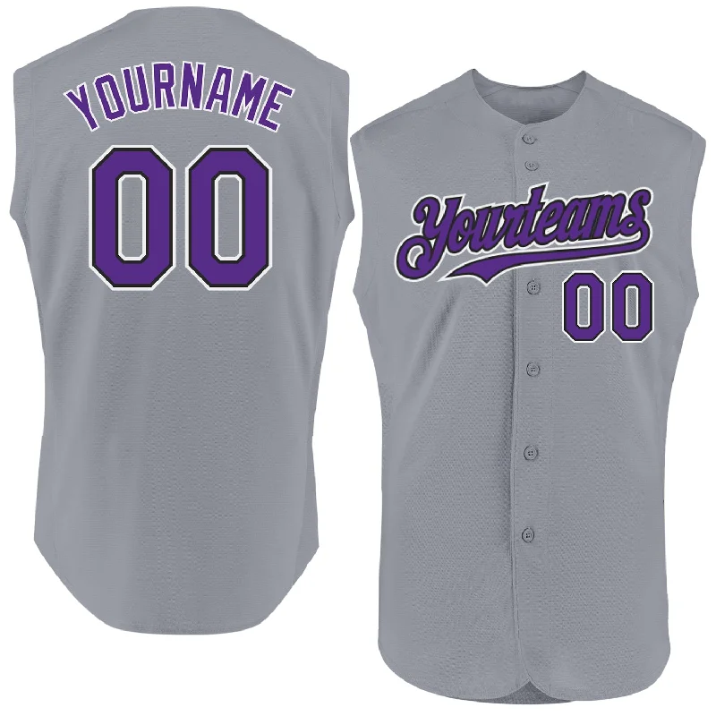 Football Jersey With Slim Fit-Basketball Jersey With Slim Fit-Baseball Jersey For Corporate Teams-Custom Gray Purple-Black Authentic Sleeveless Baseball Jersey