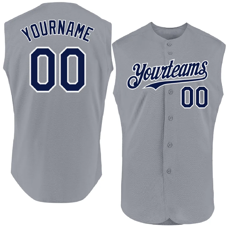 Football Jersey With Long-Lasting Material-Basketball Jersey With Long-Lasting Material-Baseball Jersey With Sleeve Logos-Custom Gray Navy-White Authentic Sleeveless Baseball Jersey