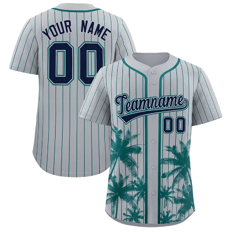 Football Jersey For School Teams-Basketball Jersey For School Teams-Two-Tone Baseball Jersey-Custom Gray Aqua Pinstripe Coconut Tree Pattern Authentic Baseball Jersey