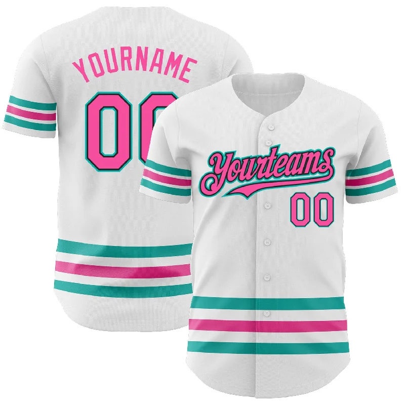 Heavyweight Football Jersey-Heavyweight Basketball Jersey-Lightweight Baseball Jersey-Custom White Pink Black-Aqua Line Authentic Baseball Jersey