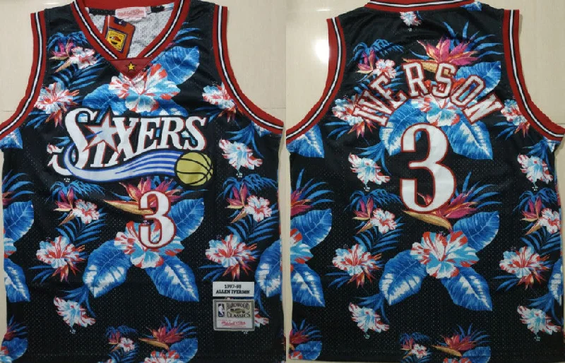 Basketball Jersey With Bold Design-76ers 3 Allen Iverson Black 1997-98 Hardwood Classics Floral Fashion Swingman Basketball Jersey