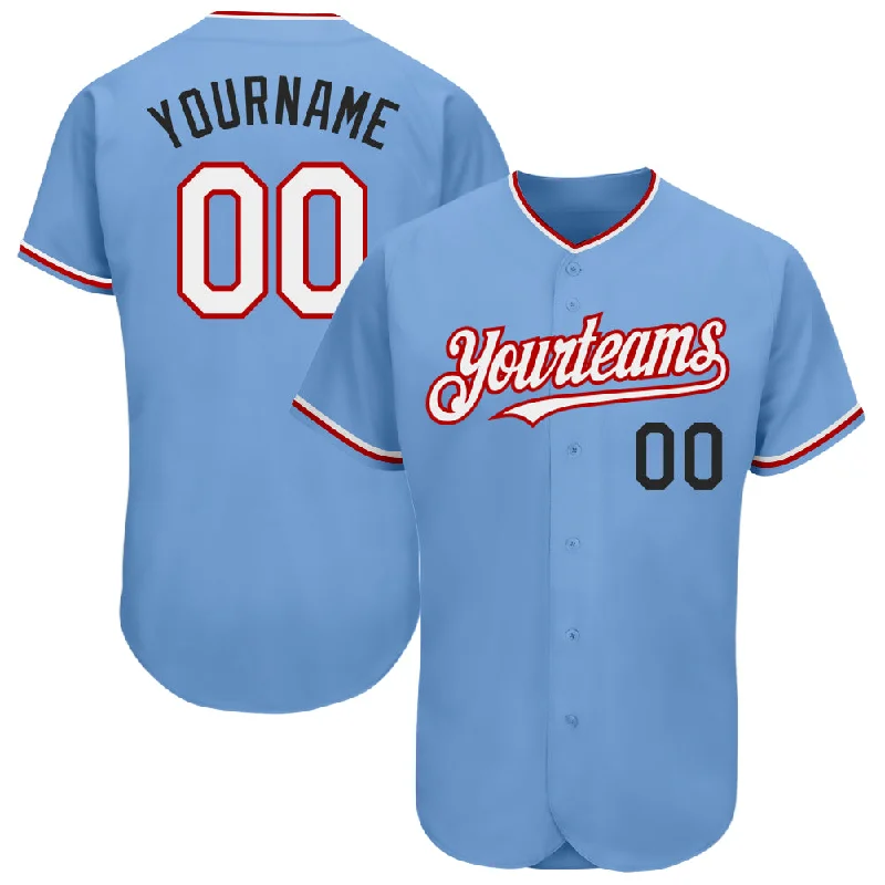 Football Jersey With Classic Logo-Basketball Jersey With Classic Logo-Baseball Jersey With Black And White Design-Custom Light Blue Red-Black Authentic Baseball Jersey