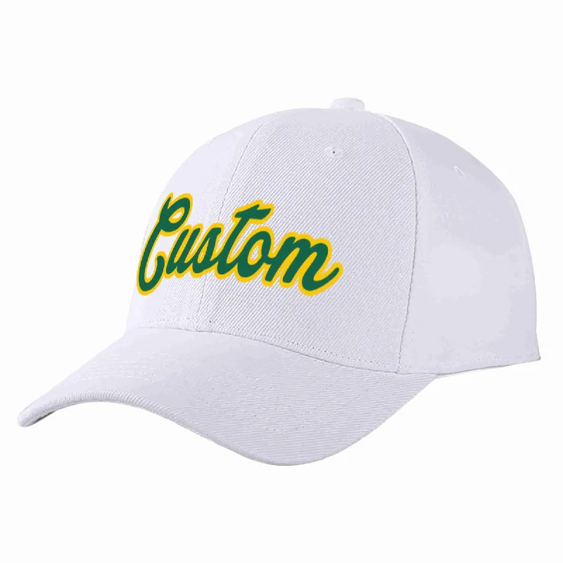 Flat Brim Baseball Cap-Custom White Kelly Green-Yellow Curved Eaves Sport Baseball Cap Design for Men/Women/Youth