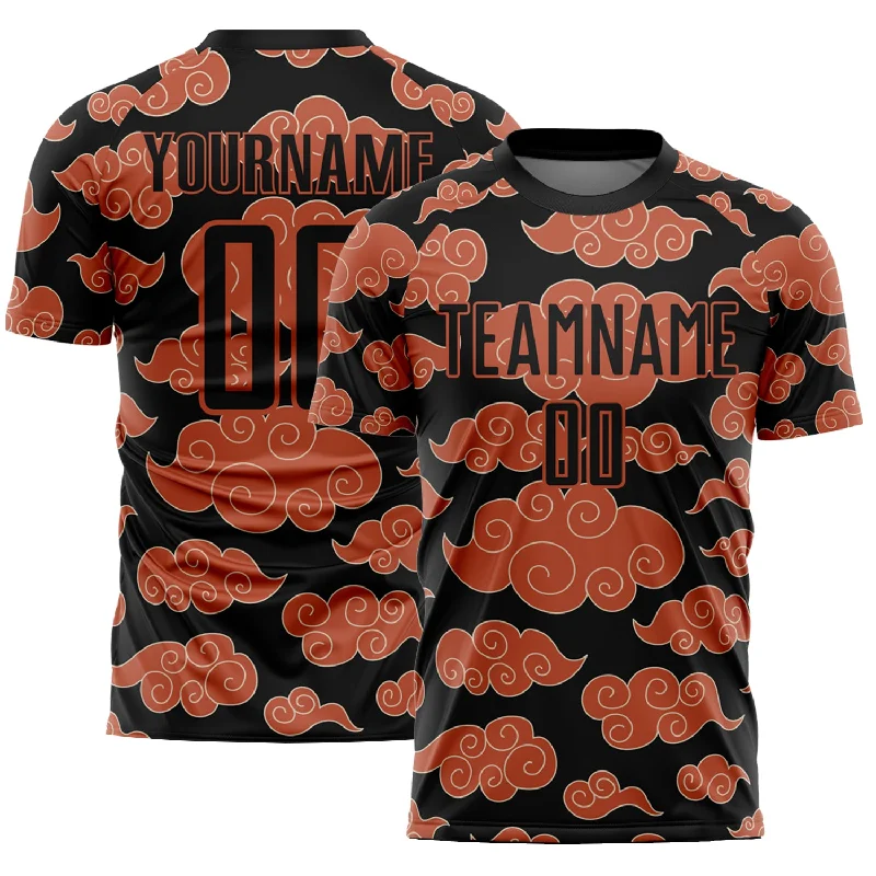 Football Jersey With A Classic Look-Custom Black Orange Cloud Pattern Sublimation Soccer Uniform Jersey