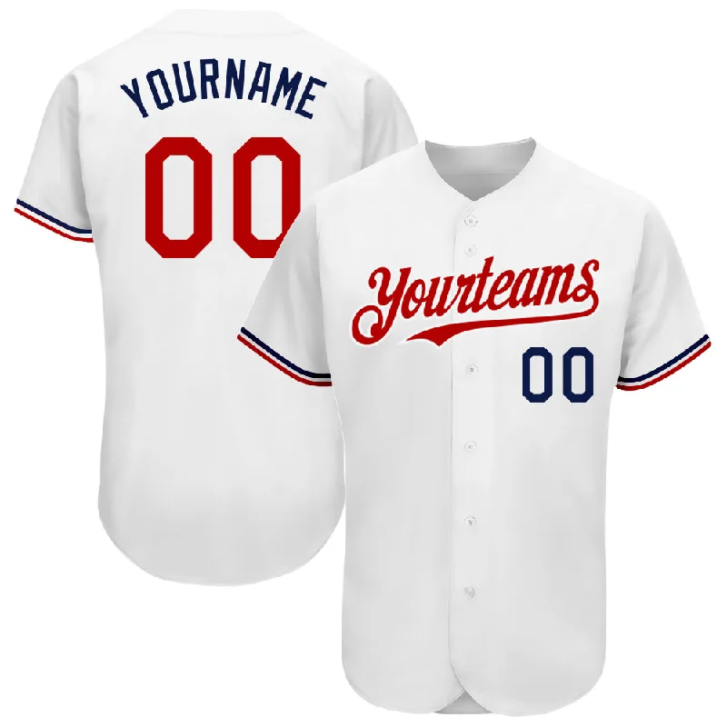 Football Jersey With Metallic Accents-Basketball Jersey With Metallic Accents-Baseball Jersey With Mesh Panels-Custom White Red-Navy Authentic Baseball Jersey