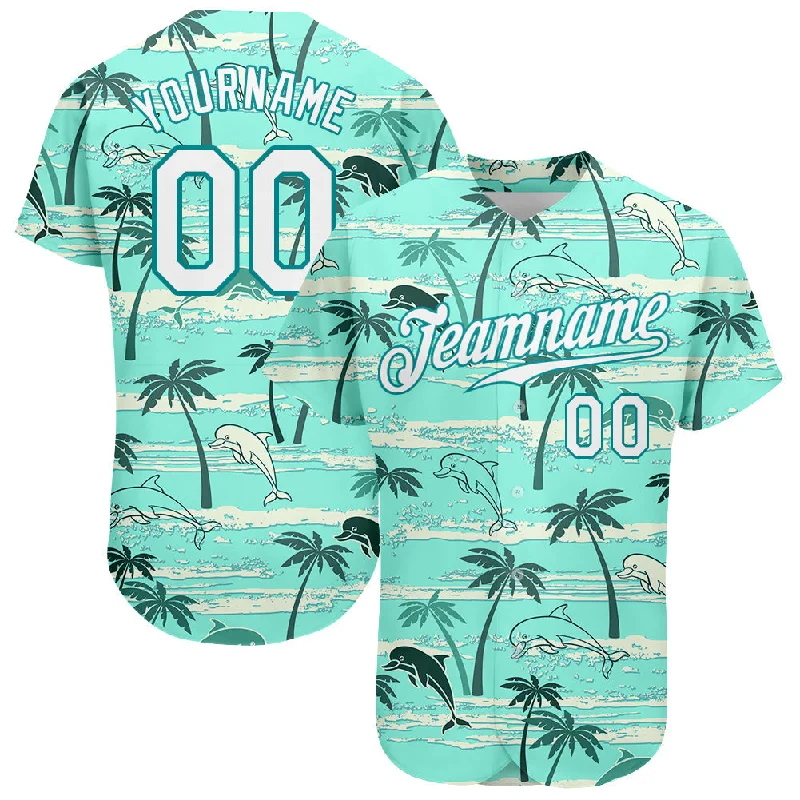 Polyester Football Jersey-Polyester Basketball Jersey-Cotton Baseball Jersey-Custom Teal White-Teal 3D Pattern Design Hawaii Palm Trees Authentic Baseball Jersey