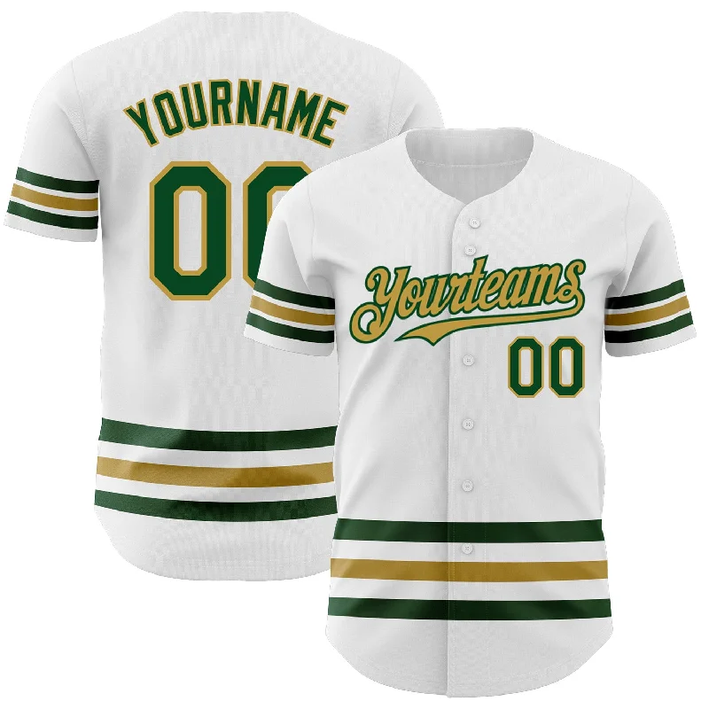 Football Jersey With Heat Press-Basketball Jersey With Heat Press-Baseball Jersey With Side Vents-Custom White Green-Old Gold Line Authentic Baseball Jersey