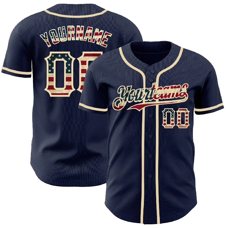 Long Sleeve Football Jersey-Long Sleeve Basketball Jersey-Sleeveless Baseball Jersey-Custom Navy Vintage USA Flag-Cream Authentic Baseball Jersey