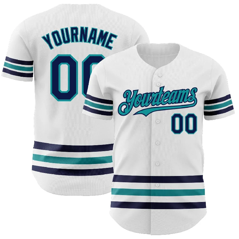 Football Jersey With Soft Fabric-Basketball Jersey With Soft Fabric-Baseball Jersey With Side Slits-Custom White Navy-Teal Line Authentic Baseball Jersey