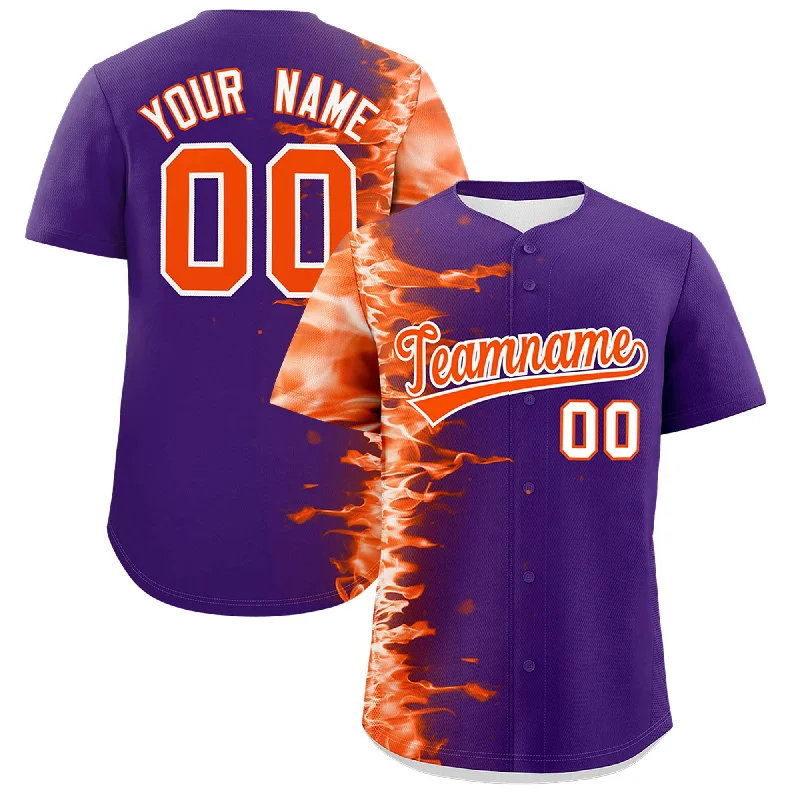 Football Jersey With Team Colors-Basketball Jersey With Team Colors-Baseball Jersey With Custom Font-Custom Purple Personalized 3D Flame Design Authentic Baseball Jersey