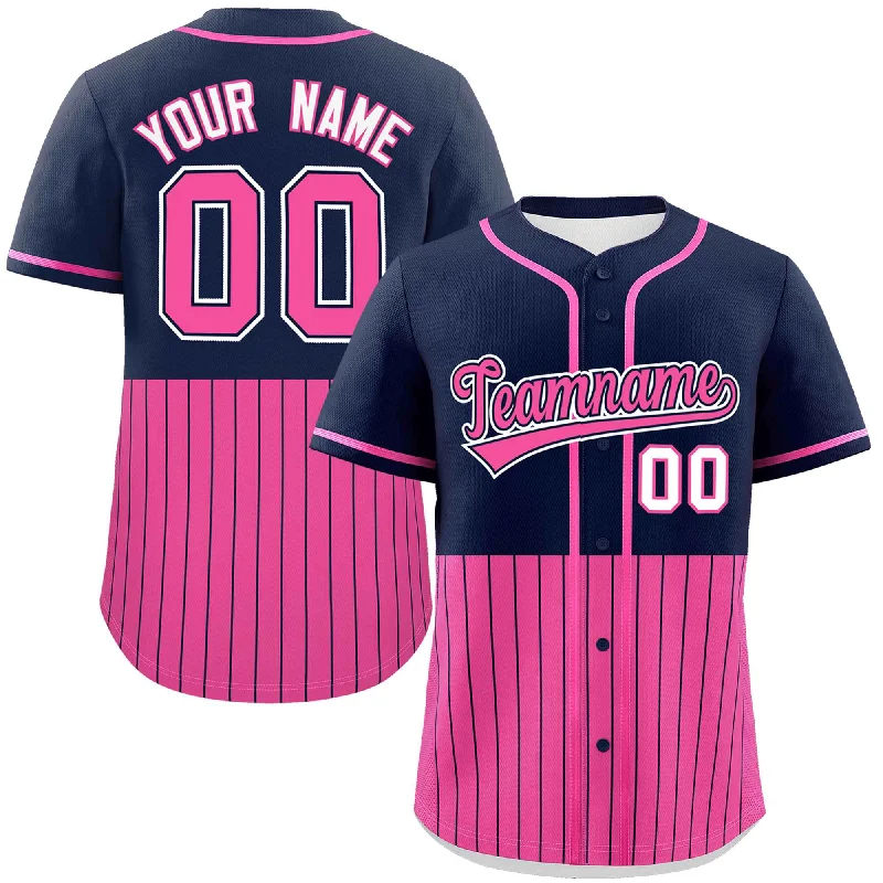 Football Jersey With Sporty Look-Basketball Jersey With Graphic Art Design-Baseball Jersey With Summer Vibes-Custom Navy Pink Personalized Half Stripe Design Authentic Baseball Jersey