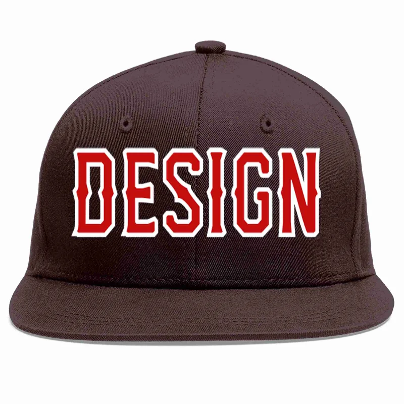 Road Trip Baseball Cap-Custom Brown Red-White Flat Eaves Sport Baseball Cap Design for Men/Women/Youth