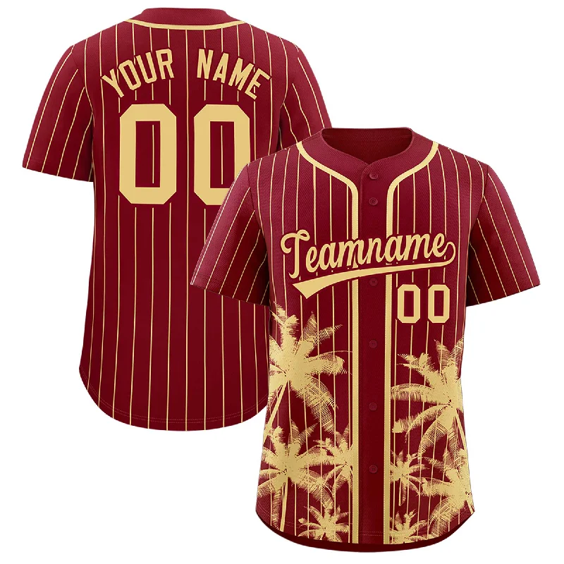 Performance Football Jersey-Performance Basketball Jersey-Recycled Fabric Baseball Jersey-Custom Crimson Khaki Pinstripe Coconut Tree Pattern Authentic Baseball Jersey