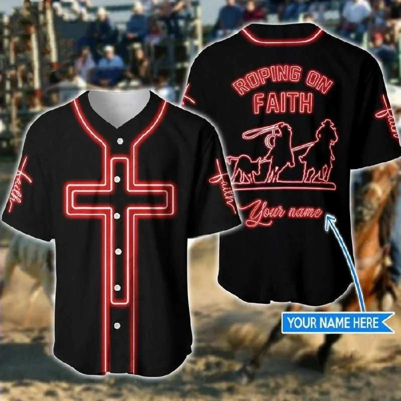 Football Jersey With Textured Design-Basketball Jersey With Textured Design-Baseball Jersey With Snap Buttons-Cross Baseball Jersey - Roping On Faith Custom Printed Baseball Jersey Shirt For Men Women