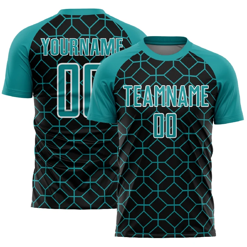 Football Jersey For Small Guys-Custom Black Teal-White Geometric Shapes Sublimation Soccer Uniform Jersey