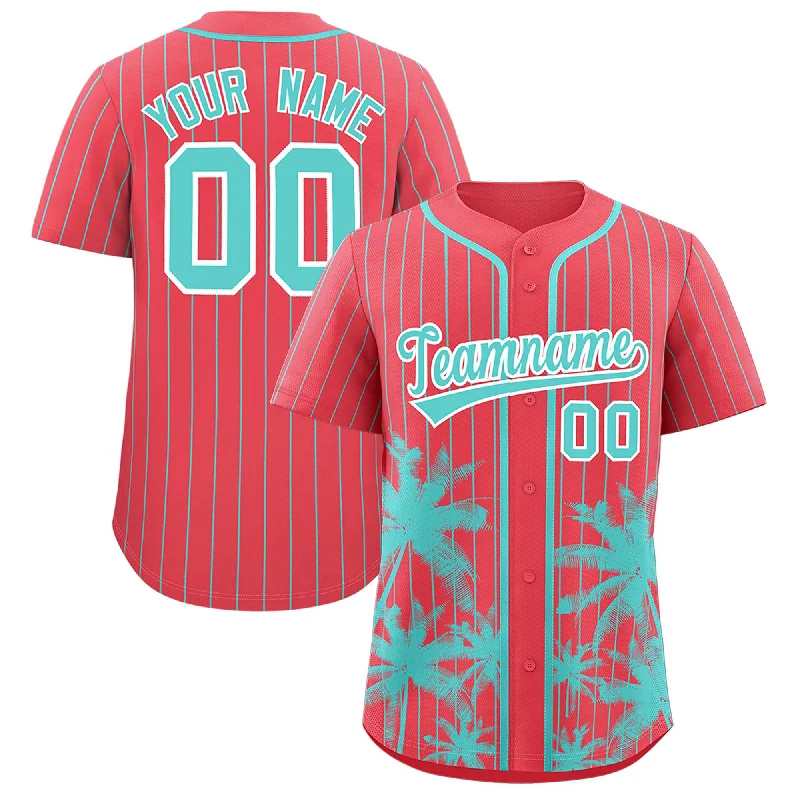 Official Football Jersey-Official Basketball Jersey-Championship Baseball Jersey-Custom Light Red Bright Green Pinstripe Coconut Tree Pattern Authentic Baseball Jersey