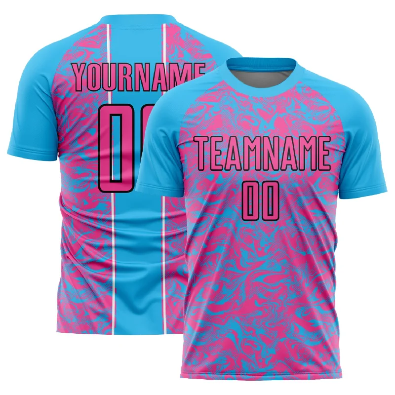 Football Jersey With Mesh Panels-Custom Sky Blue Pink-Black Abstract Fluid Sublimation Soccer Uniform Jersey