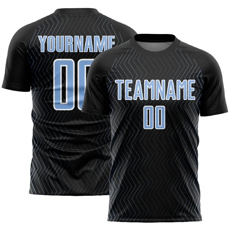 Football Jersey Online-Custom Black Light Blue-White Geometric Lines Sublimation Soccer Uniform Jersey