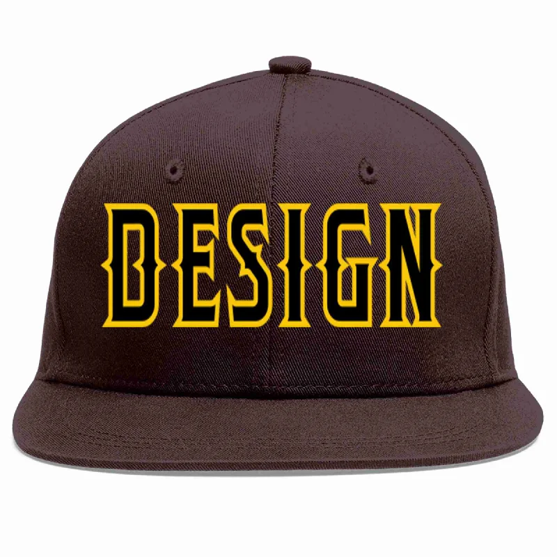 Youth Baseball Cap-Custom Brown Black-Gold Flat Eaves Sport Baseball Cap Design for Men/Women/Youth