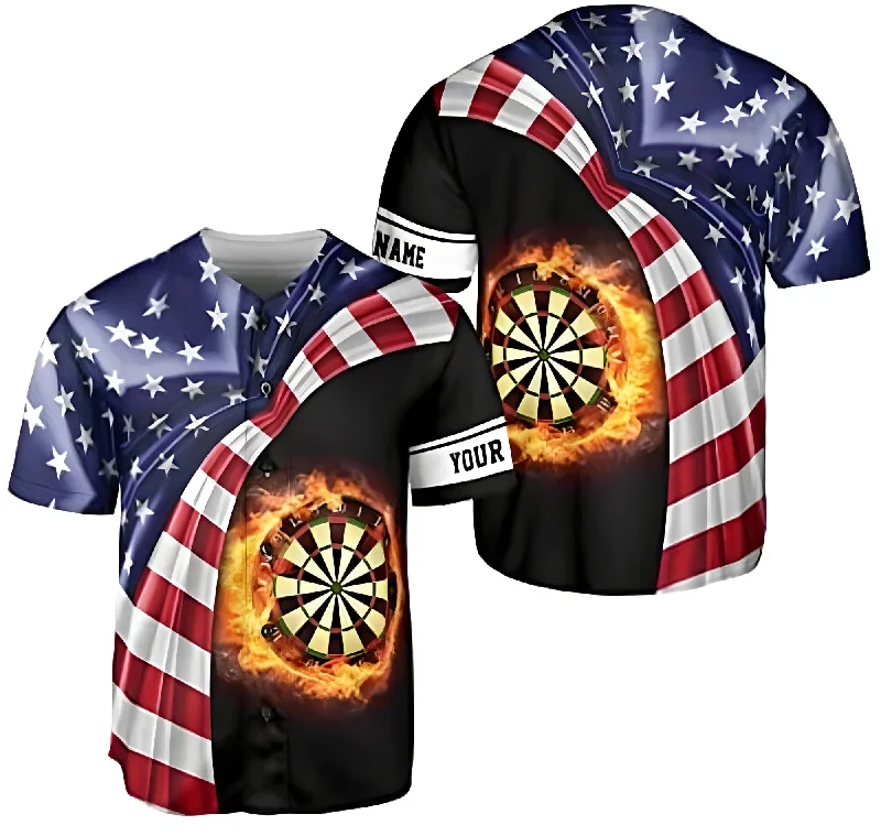 Football Jersey With Olympic Team Design-Basketball Jersey With Olympic Team Design-Baseball Jersey With Minimalist Graphics-Personalized Dartboard Fire USA Flag Baseball Jersey, Flag 3D Shirt, Dart Baseball Jersey for Her Him