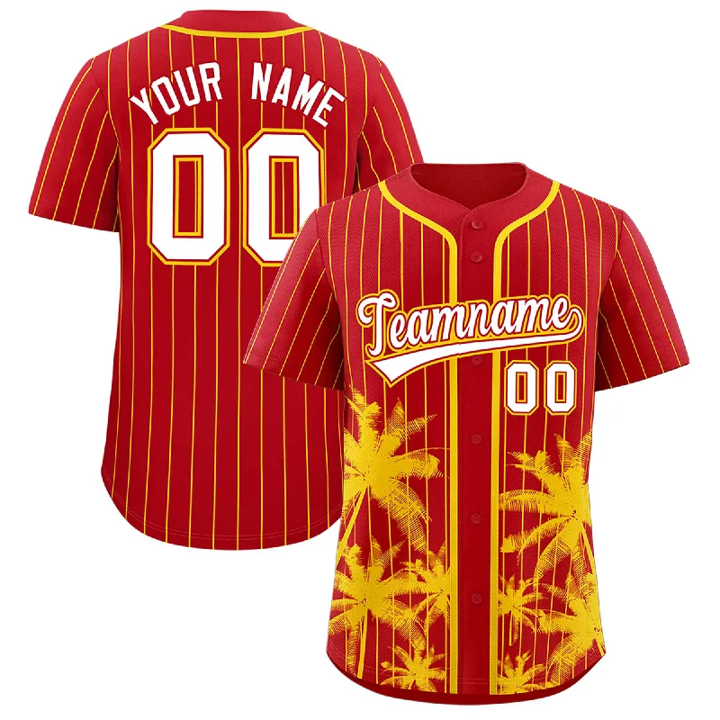 Championship Football Jersey-Championship Basketball Jersey-Performance Baseball Jersey-Custom Red Gold Pinstripe Coconut Tree Pattern Authentic Baseball Jersey