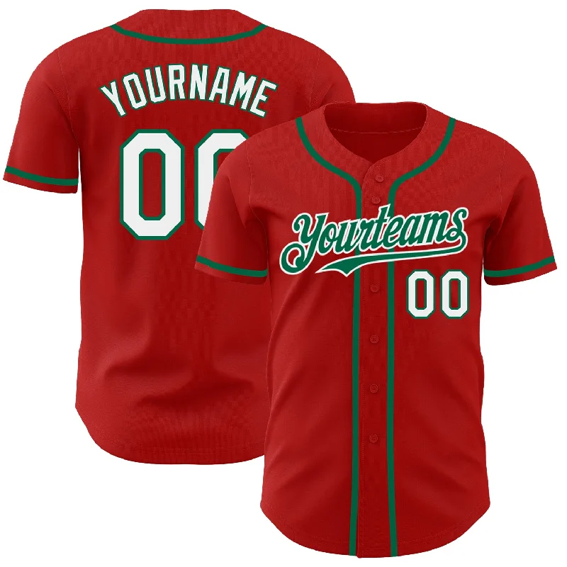 Football Jersey With Matte Finish-Basketball Jersey With Matte Finish-Baseball Jersey With Rose Gold Highlights-Custom Red White-Kelly Green Authentic Baseball Jersey