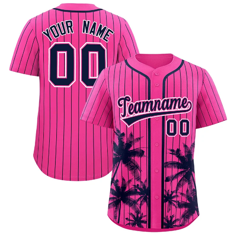 Alternate Football Jersey-Alternate Basketball Jersey-Team Baseball Jersey-Custom Pink Navy Pinstripe Coconut Tree Pattern Authentic Baseball Jersey