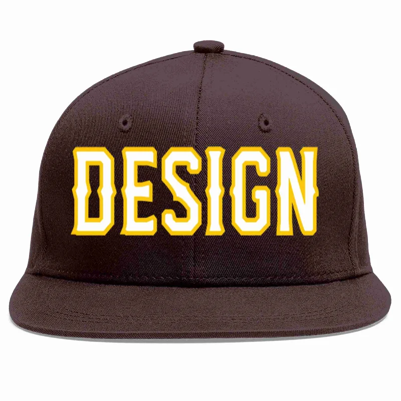 Travel Baseball Cap-Custom Brown White-Gold Flat Eaves Sport Baseball Cap Design for Men/Women/Youth