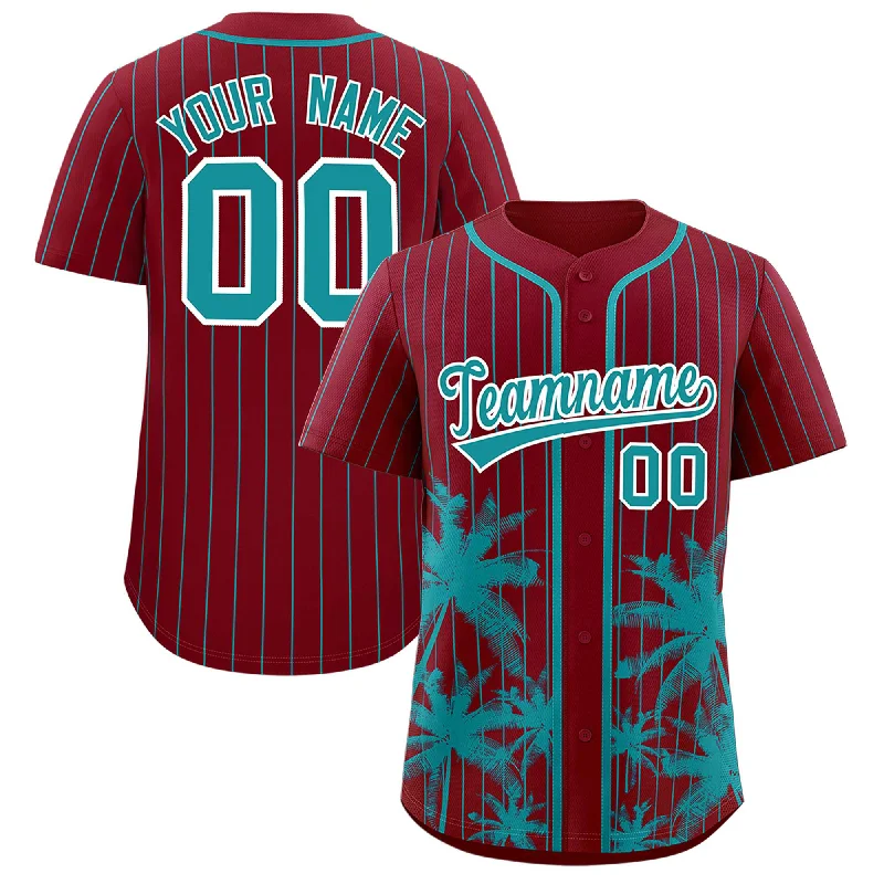 Training Football Jersey-Training Basketball Jersey-Moisture-Wicking Baseball Jersey-Custom Crimson Aqua Pinstripe Coconut Tree Pattern Authentic Baseball Jersey