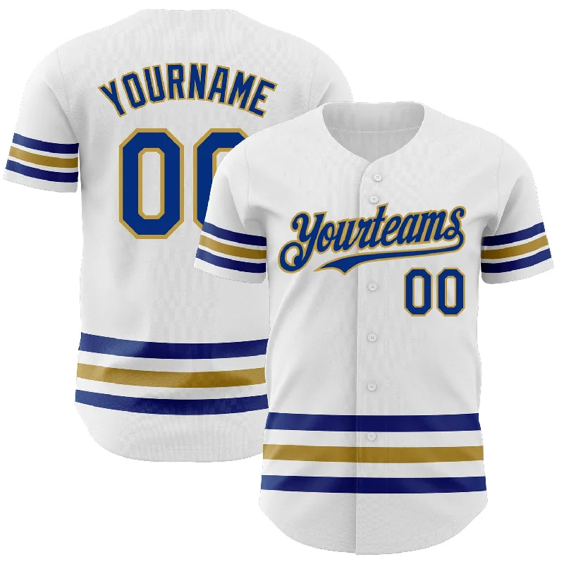 Football Jersey With Vertical Stripes-Basketball Jersey With Vertical Stripes-Baseball Jersey With Dragon Motif-Custom White Royal-Old Gold Line Authentic Baseball Jersey