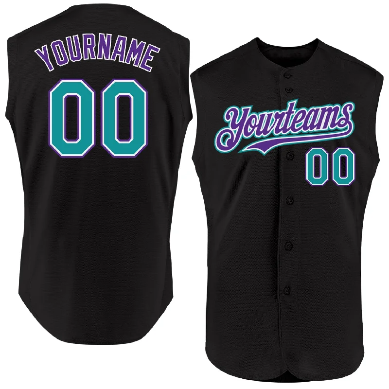 Football Jersey With Autographed Player Name-Basketball Jersey With Autographed Player Name-Baseball Jersey With Anime Collab-Custom Black Teal-Purple Authentic Sleeveless Baseball Jersey