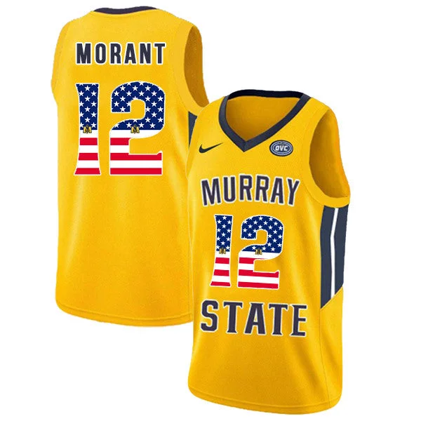 Basketball Jersey With Event Branding-Murray State Racers 12 Ja Morant Yellow USA Flag College Basketball Basketball Jersey