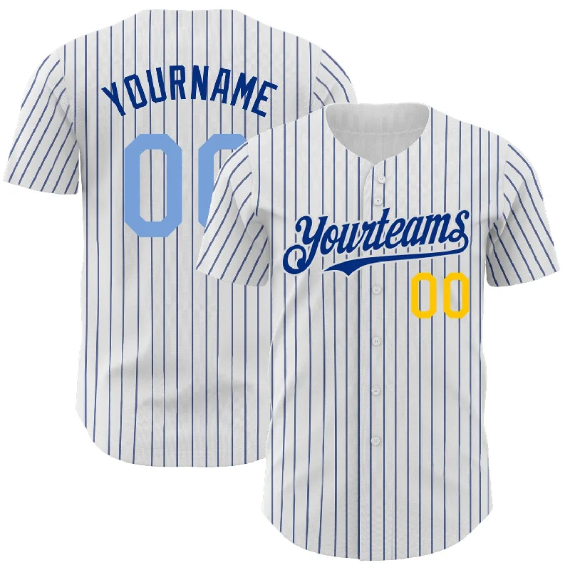 Football Jersey For Pro Teams-Basketball Jersey For Pro Teams-Baseball Jersey With Logo-Custom White Royal Pinstripe Light Blue-Yellow Authentic Baseball Jersey