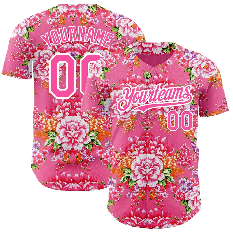 Football Jersey With Classic Fit-Basketball Jersey With Classic Fit-Baseball Jersey For Softball-Custom Neon Pink Pink-White 3D Pattern Design Northeast China Big Flower Authentic Baseball Jersey