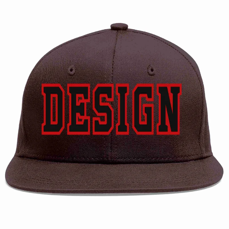 Streetwear Baseball Cap-Custom Brown Black-Red Flat Eaves Sport Baseball Cap Design for Men/Women/Youth