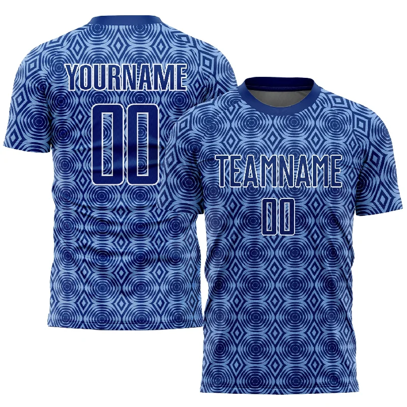 Football Jersey For Game Uniforms-Custom Royal Light Blue-White Geometric Shapes Sublimation Soccer Uniform Jersey