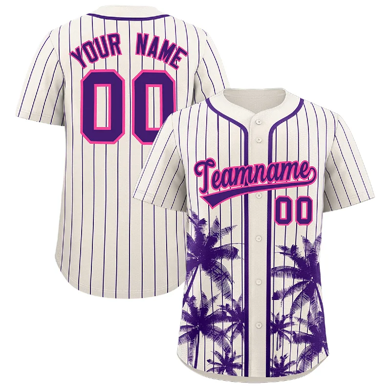 Junior Football Jersey-Junior Basketball Jersey-80s Baseball Jersey-Custom Cream Purple Pinstripe Coconut Tree Pattern Authentic Baseball Jersey