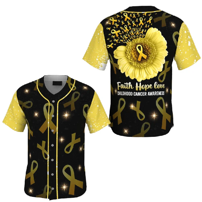 Football Jersey With Shiny Finish-Basketball Jersey With Shiny Finish-Baseball Jersey With Gold Trim-Childhood Cancer Sunflower Yellow Ribbon Baseball Jersey, Faith Hope Love 3D Shirt