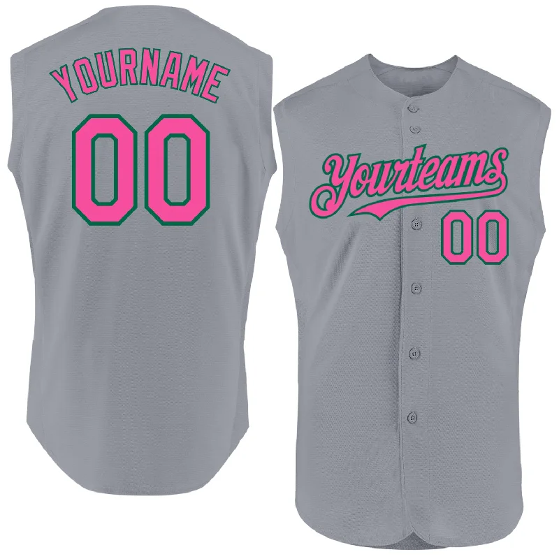 Lightweight Football Jersey-Lightweight Basketball Jersey-Breathable Baseball Jersey-Custom Gray Pink-Kelly Green Authentic Sleeveless Baseball Jersey