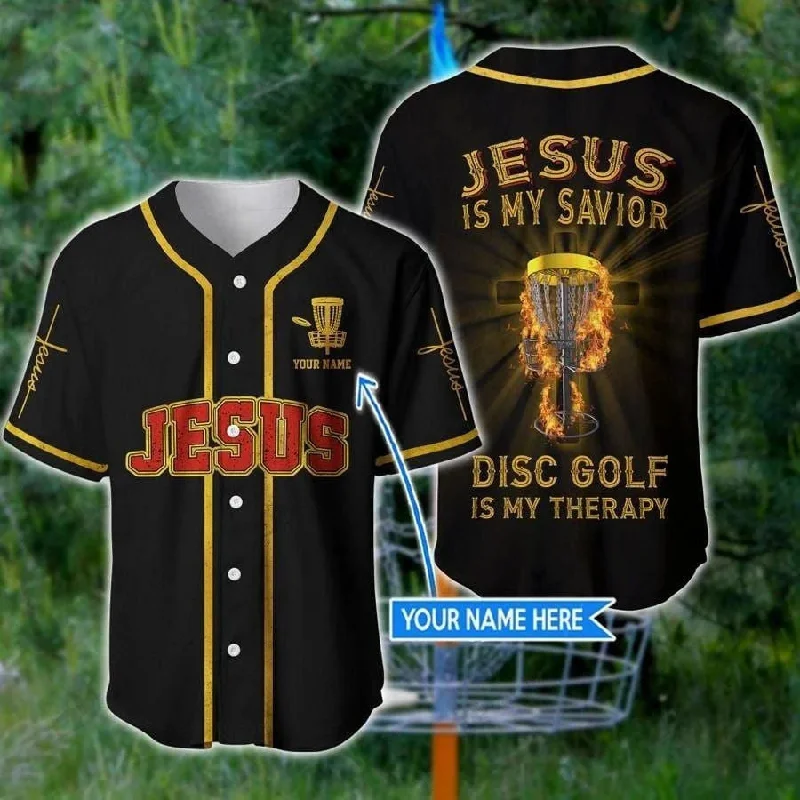 Football Jersey With Heavy Duty Fabric-Basketball Jersey With Heavy Duty Fabric-Baseball Jersey With Custom Logo Patch-Cross Flame Baseball Jersey - Jesus Disc Golf Is My Therapy Custom Baseball Jersey