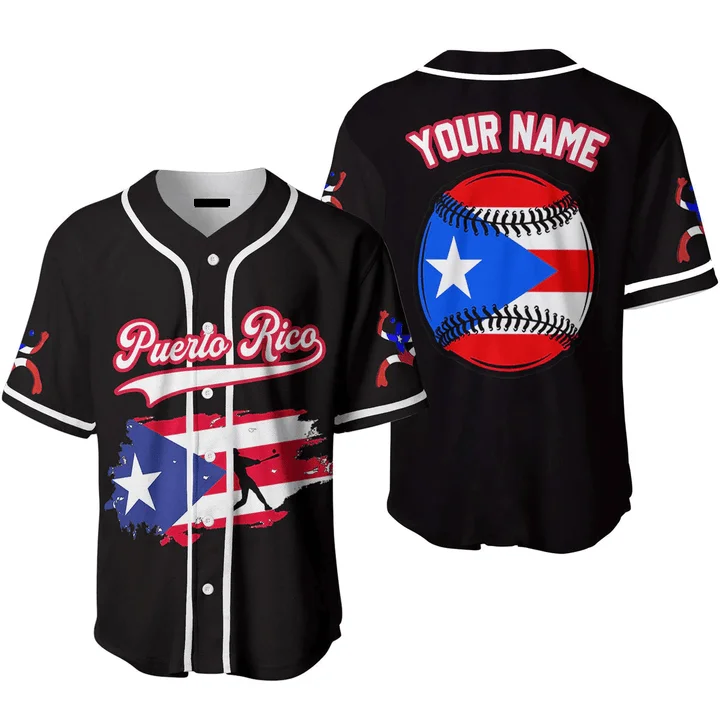 Football Jersey With Black And White Design-Basketball Jersey With Black And White Design-Baseball Jersey For Collectors-Custom Name Baseball Jerseys Puerto Rico Baseball Black White Red, Idea Gift for Men & Women