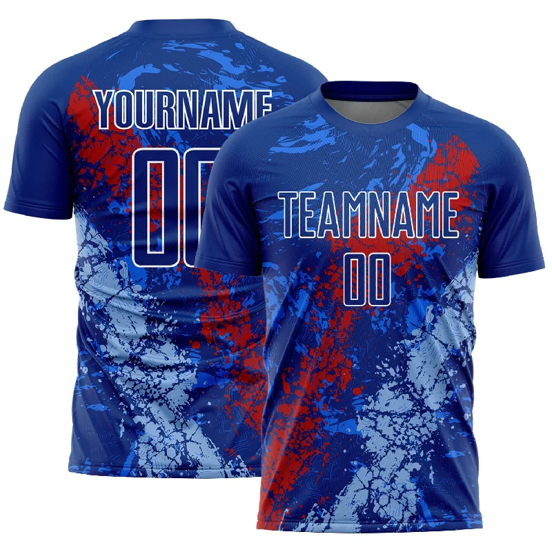 Football Jersey With Zipper Pockets-Custom Royal Red-Light Blue Dripping Splatter Art Sublimation Soccer Uniform Jersey