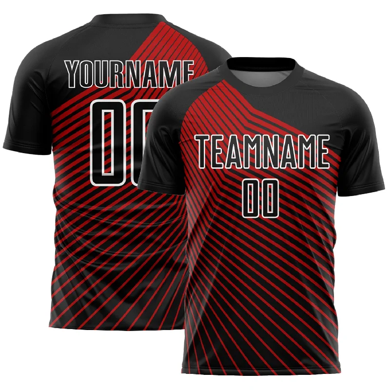 Kids Football Jersey-Custom Black Red-White Lines Sublimation Soccer Uniform Jersey